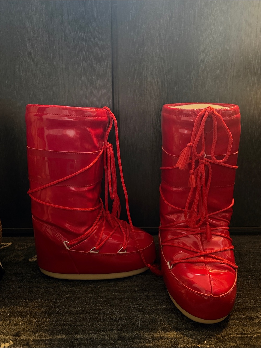 Moon Boot Red Glossy Lace-Up Winter Boots